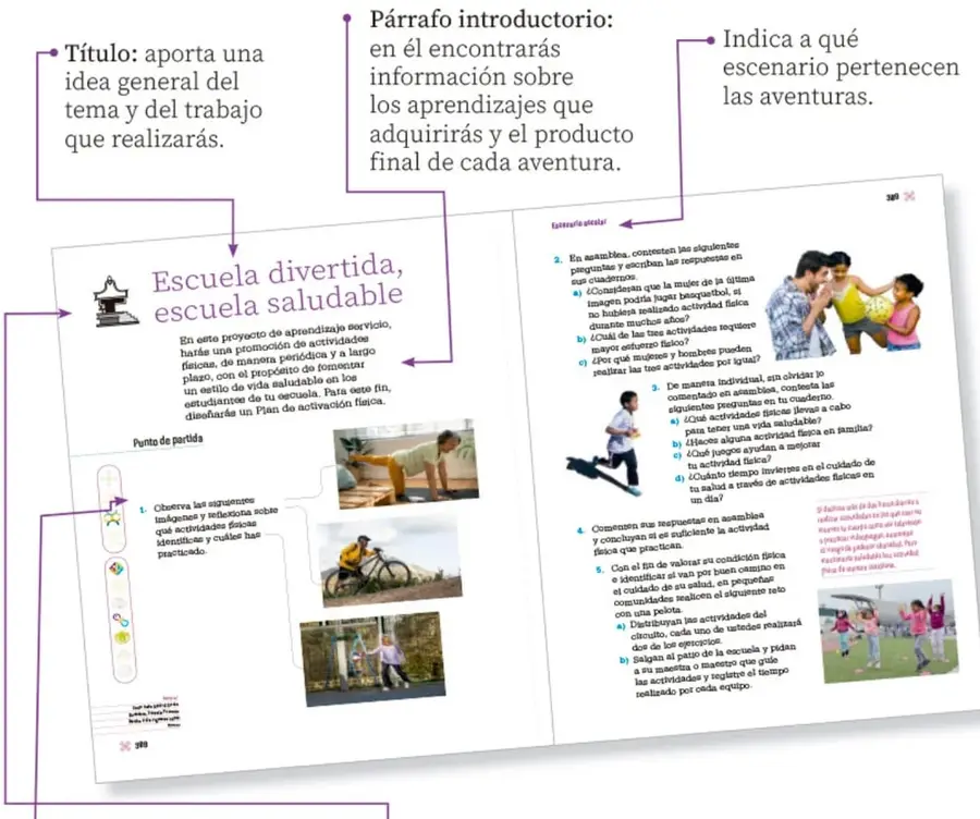 Ilustración de un templo prehispánico junto al título 'Escuela divertida, escuela saludable'.