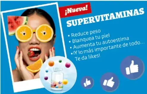 Anuncio de 'Supervitaminas' con una mujer y frutas, prometiendo reducir peso, blanquear la piel, etc.