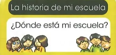 Ilustración de un bus escolar que presenta los temas de la unidad: historia de la escuela, ubicación, entorno escolar y buen trato.