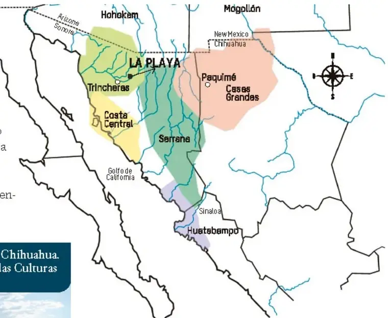 Mapa del norte de México y suroeste de Estados Unidos con culturas del desierto: Hohokam, Mogollón, La Playa, Trincheras, Costa Central, Serrana, Paquimé, Casas Grandes, Huastebampo, Sinaloa, Chihuahua, Arizona, Sonora, Golfo de California.