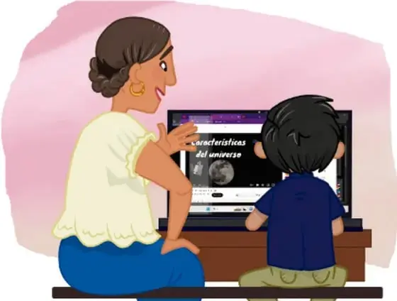 Ilustración de una mujer adulta y un niño sentados frente a una computadora, observando en la pantalla la frase 'características del universo'.