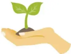 Ilustración de una mano sosteniendo una planta joven con dos hojas, simbolizando el crecimiento.