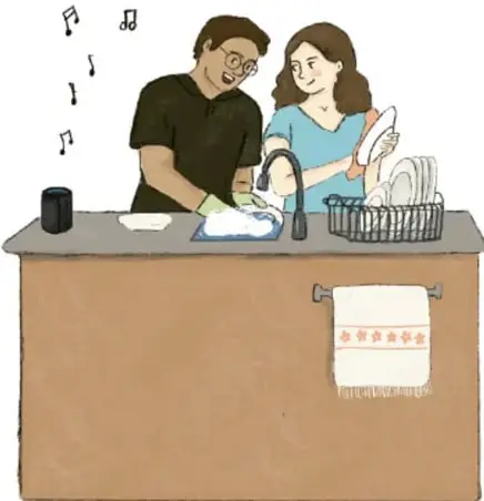 Ilustración de un hombre y una mujer lavando trastes mientras suenan notas musicales.