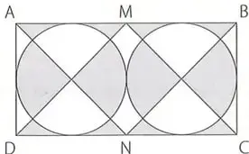 Rectángulo dividido en dos cuadrados, con círculos inscritos, diagonales y regiones sombreadas.