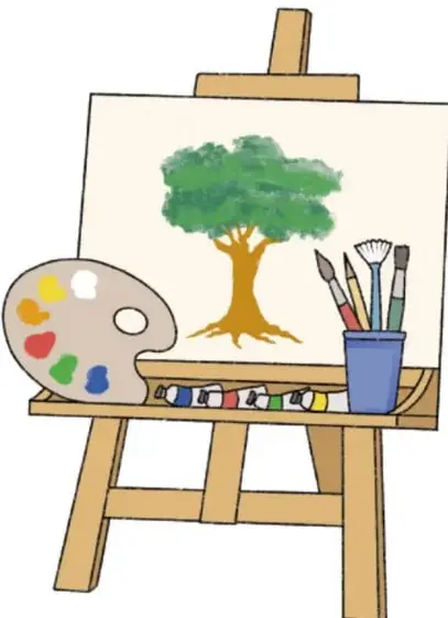 Ilustración de un caballete de madera con un lienzo que muestra un árbol de copa verde, una paleta de colores, pinceles en un vaso azul y tubos de pintura sobre la bandeja del caballete.