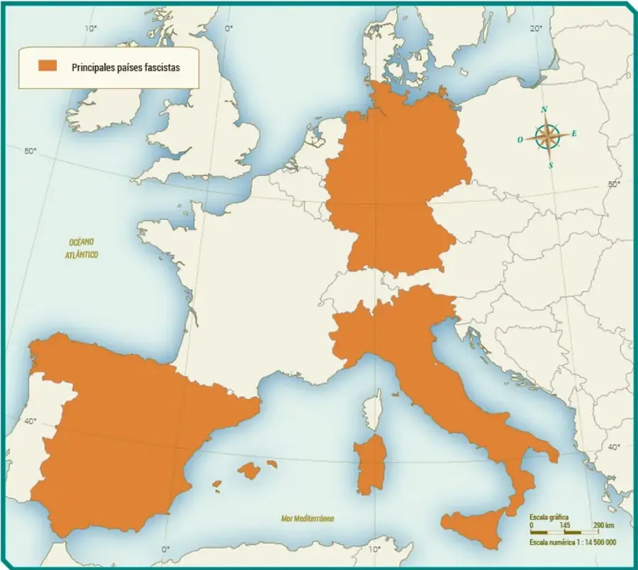 Mapa de Europa con los países fascistas (Alemania, Italia y España) resaltados en naranja, con escala gráfica y numérica.