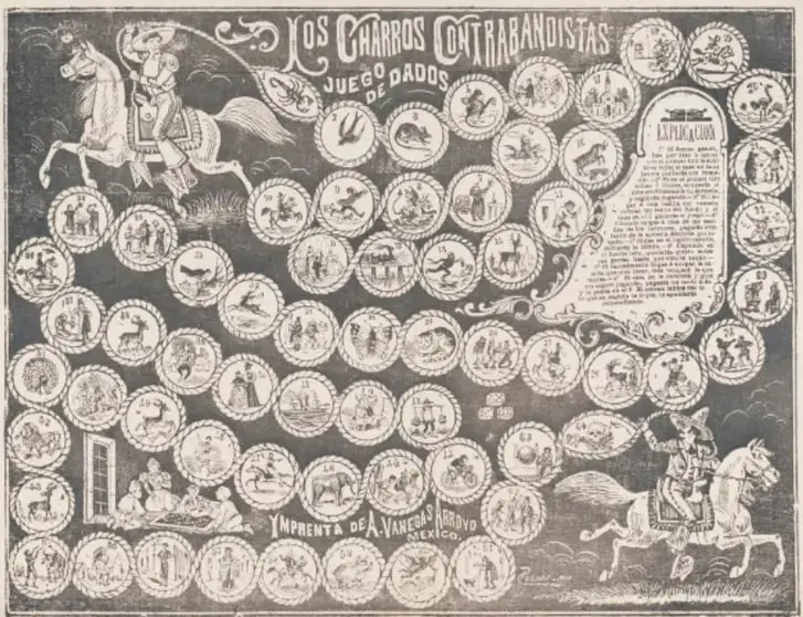 Grabado del tablero 'Los charros contrabandistas, juego de dados': casillas circulares con escenas, charros a caballo, edificios y un recuadro con las instrucciones del juego.
