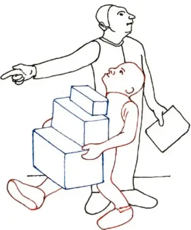 Dibujo de un adulto que carga tres cajas y señala con la mano, acompañado de un niño que camina a su lado.