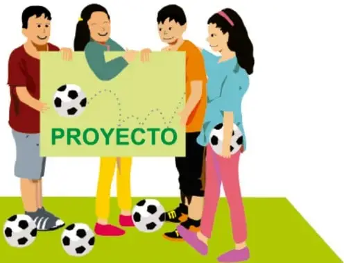 Ilustración de cuatro estudiantes sosteniendo un letrero que dice PROYECTO, con balones de fútbol en el suelo. Crédito: Diego Gutiérrez Vega, Tlaxcala.