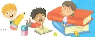 Ilustración de niños leyendo y trabajando con materiales escolares.