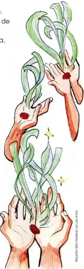 Ilustración de manos sosteniendo tallos verdes de caña con gotas rojas, sobre fondo blanco.