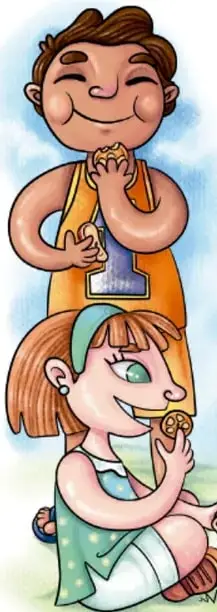 Ilustración de tres niños comiendo refrigerios (frutas laminadas) sobre el pasto; crédito Lavinia Cabrera Sandoval, TABASCO.