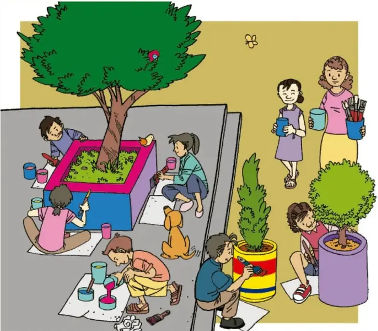 Ilustración de niñas y niños pintando un árbol, macetas y el piso de una calle; una niña y una mujer observan con cubetas y pinceles.