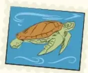 Ilustración de una tortuga marina nadando, enmarcada en un sello postal.