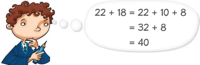Manuel, un niño de pelo rizado con uniforme escolar, con un bocadillo que dice 22 + 18 = ?.