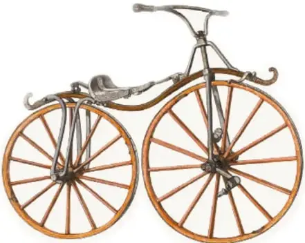 Ilustración de un ciclista con sombrero y pipa montado en una bicicleta de llanta delantera muy grande y trasera pequeña, pedaleando.