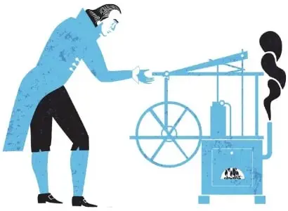 Ilustración de una máquina de vapor clásica en funcionamiento. Se observan una caldera u horno, tuberías, un pistón y una rueda de transmisión accionada por el movimiento del pistón.