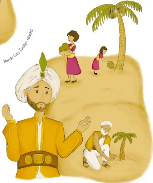 Primer plano del sultán en ropa amarilla con turbante, junto a una palmera crecida; una mujer y una niña cargan cocos y el anciano siembra otra palmera.