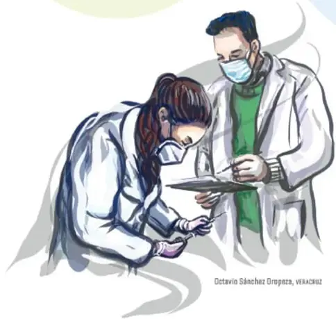 Ilustración de dos profesionales de la salud, un hombre y una mujer, con batas de laboratorio y cubrebocas, revisando una tableta. Representa la igualdad de oportunidades en profesiones científicas.