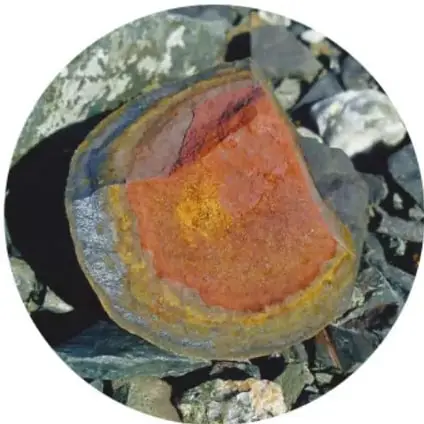 Fotografía en círculo de un guijarro con bandas de colores: capa rojiza anaranjada en el centro, borde amarillo y gris azulado, sobre piedras.