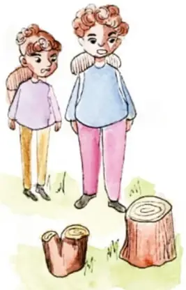 Ilustración de dos niñas caminando entre troncos altos y tocones en un entorno natural.