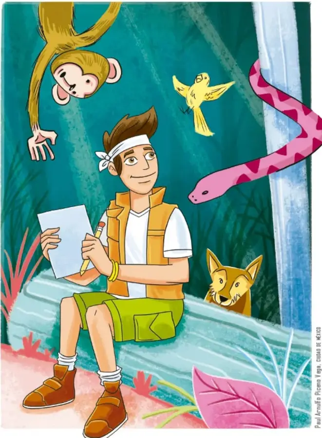 Ilustración de un zoólogo joven sentado en la selva con un cuaderno y lápiz, rodeado de un mono colgado de una rama, un pájaro amarillo, una serpiente rosada, un zorro y hojas tropicales. Ilustración de Paul Amado Ricano Vega, CLIDEA de ACERCA.
