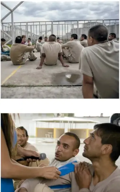 Personas privadas de su libertad sentadas en círculo en un patio de reclusorio, participando en una actividad grupal.
