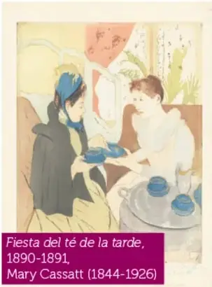 "Fiesta del té de la tarde", 1890-1891: dos versiones (una en color pastel y otra como grabado) de dos mujeres conversando al tomar el té, con tetera y tazas sobre una mesa.