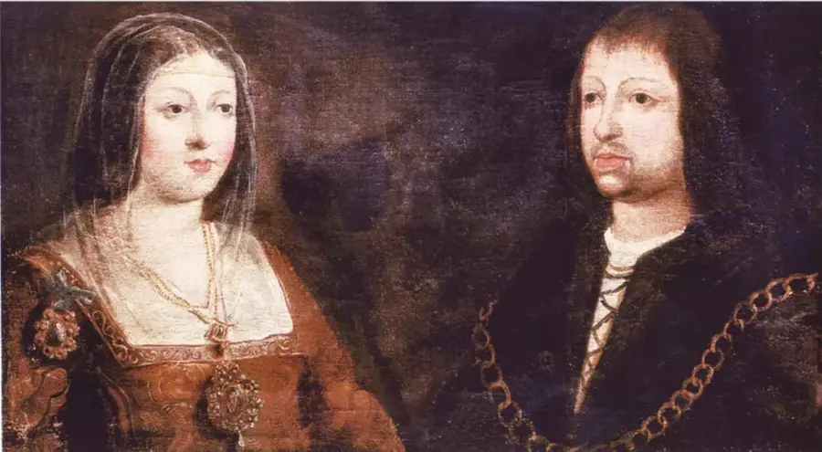 Pintura de dos monarcas: a la izquierda una mujer con vestido rojo y velo, a la derecha un hombre con cabello oscuro y cadena dorada, identificados como Isabel de Castilla y Fernando de Aragón.