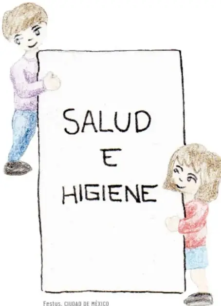 Ilustración de dos estudiantes sosteniendo un cartel blanco con el texto 'SALUD E HIGIENE'. Al pie se lee 'Festus, Ciudad de México'.