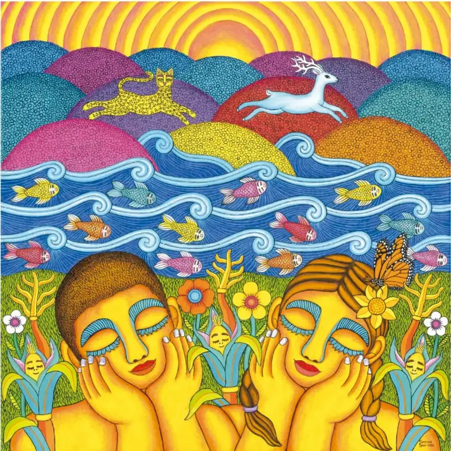 Pintura «Recuerdos del campo», Santiago Savi (2021): un joven y una joven con ojos cerrados y las manos en las mejillas sueñan entre plantas de maíz con caras sonrientes y flores; ella tiene trenzas, un girasol y una mariposa monarca en el cabello. Armando la escena hay olas azules con peces de colores, un venado blanco y un felino amarillo saltando sobre cerros morados, rosas, amarillos y azules, y un sol radiante de rayos en espiral.