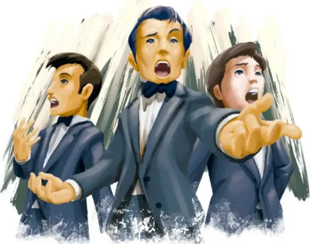 Ilustración de tres cantantes de traje con pajarita interpretando juntos, con distintas voces (trío); ilustración de Gerardo Miguel Camacho Marín, Estado de México.