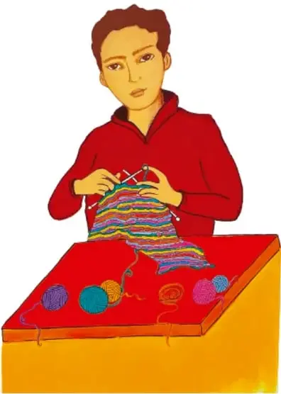 Pintura naïf de un hombre de cabello corto con suéter rojo tejiendo una bufanda multicolor con agujas, sobre una mesa roja con ovillos de estambre de colores; obra de Graciela Patricia Frutos Maza, Ciudad de México.
