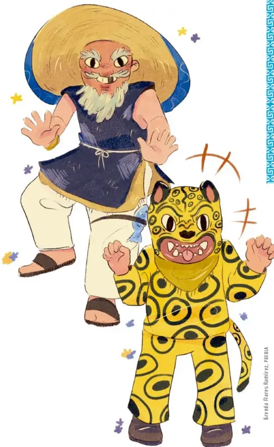 Ilustración de un anciano con sombrero de paja y un niño disfrazado de jaguar danzando, obra de Erendira Flores Ramírez, Puebla.