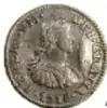 Fotografía del anverso de una moneda de Fernando VII, 1/2 Real, México, 1810, de plata, diámetro 16 mm, Casa de Moneda de México, Museo Numismático Nacional.
