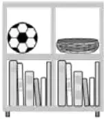 Estante con libros y balones.