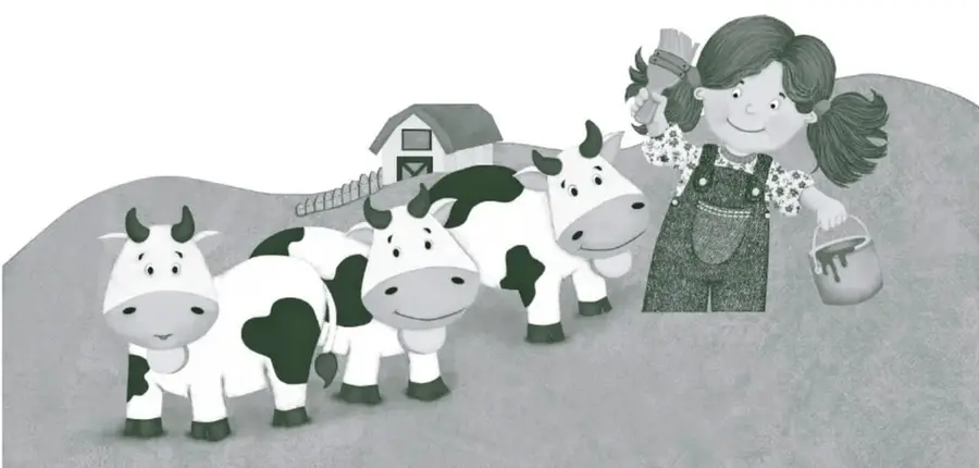 Ilustración de una niña con overol sosteniendo un pincel y una cubeta de pintura, junto a tres vacas blancas con manchas negras y un establo al fondo.