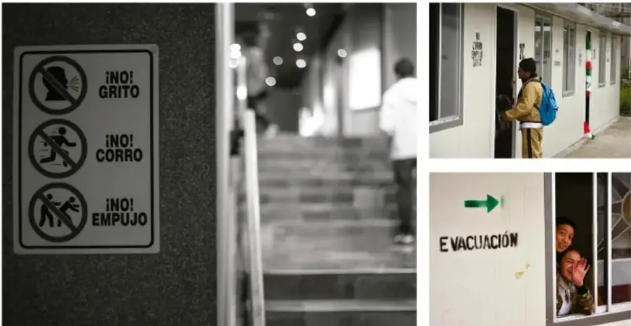 Señalética en un muro con tres prohibiciones: ¡NO! GRITO, ¡NO! CORRO, ¡NO! EMPUJO, junto a un pasillo con escaleras en escala de grises.