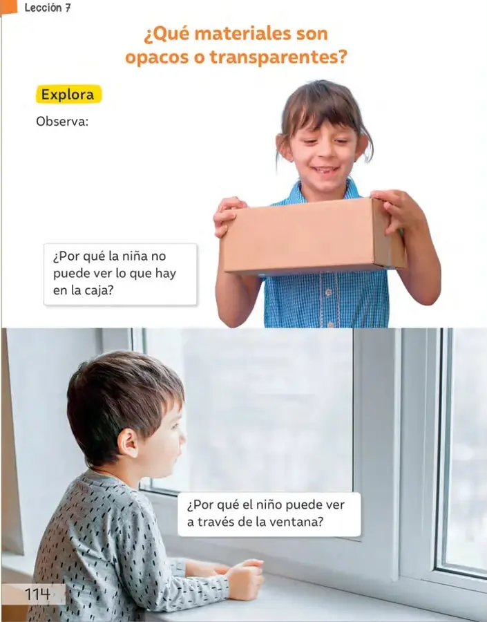 Niña con blusa azul sostiene una caja de cartón abierta y mira en su interior; no logra ver el contenido. Junto a ella, un recuadro pregunta: «¿Por qué la niña no puede ver lo que hay en la caja?».