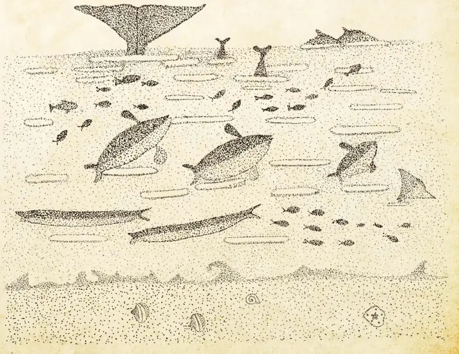 Escena rupestre punteada: una gran ballena o manta, tortugas, peces y figuras marinas sobre un fondo de puntos que simula agua o arena.