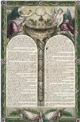 Manuscrito iluminado de la Declaración de los derechos del hombre y del ciudadano, relacionado con fuentes secundarias sobre la Revolución Francesa.
