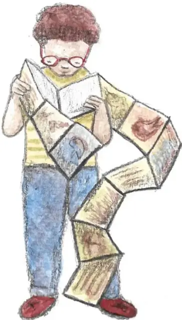 Ilustración de un niño con lentes leyendo un libro acordeón desplegado en zigzag.