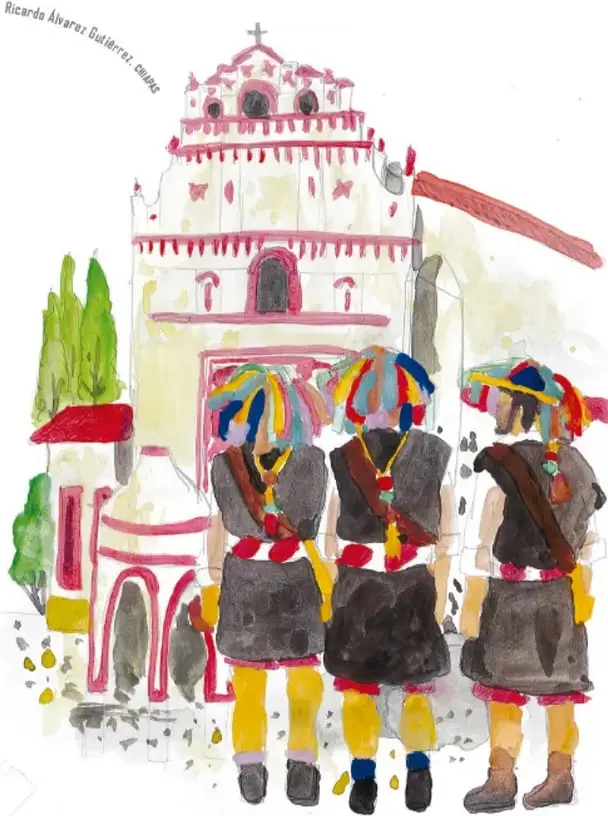 Acuarela de tres personas de espaldas con vestimenta tradicional chiapaneca (ponchos negros, fajas rojas, lluvia de cintas multicolor en la cabeza) frente a una iglesia blanca y rosa.