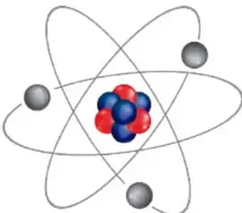 Ilustración de un modelo atómico con núcleo formado por esferas rojas y azules (protones y neutrones) y electrones grises orbitando en elipses.