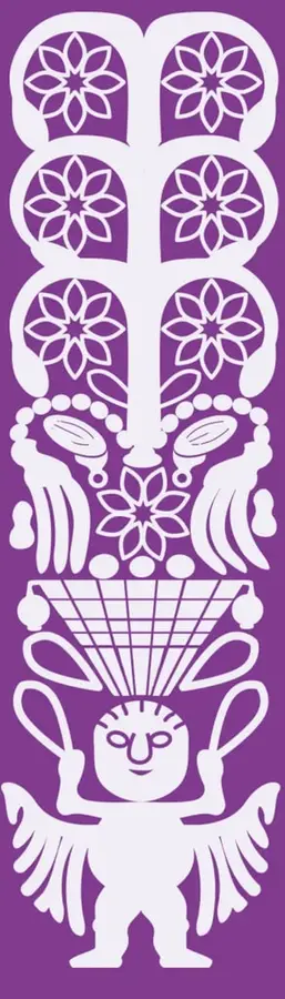 Ilustración decorativa de estilo textil tradicional mexicano con motivos florales, geométricos y una figura antropomorfa alada sosteniendo dos objetos, sobre fondo morado.