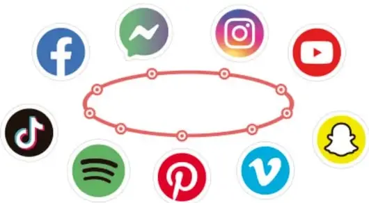 Ilustración con íconos de redes sociales (Facebook, Messenger, Instagram, YouTube, TikTok, Spotify, Pinterest, Vimeo, Snapchat) conectados por un anillo rojo, representando la temática de redes sociales del proyecto.
