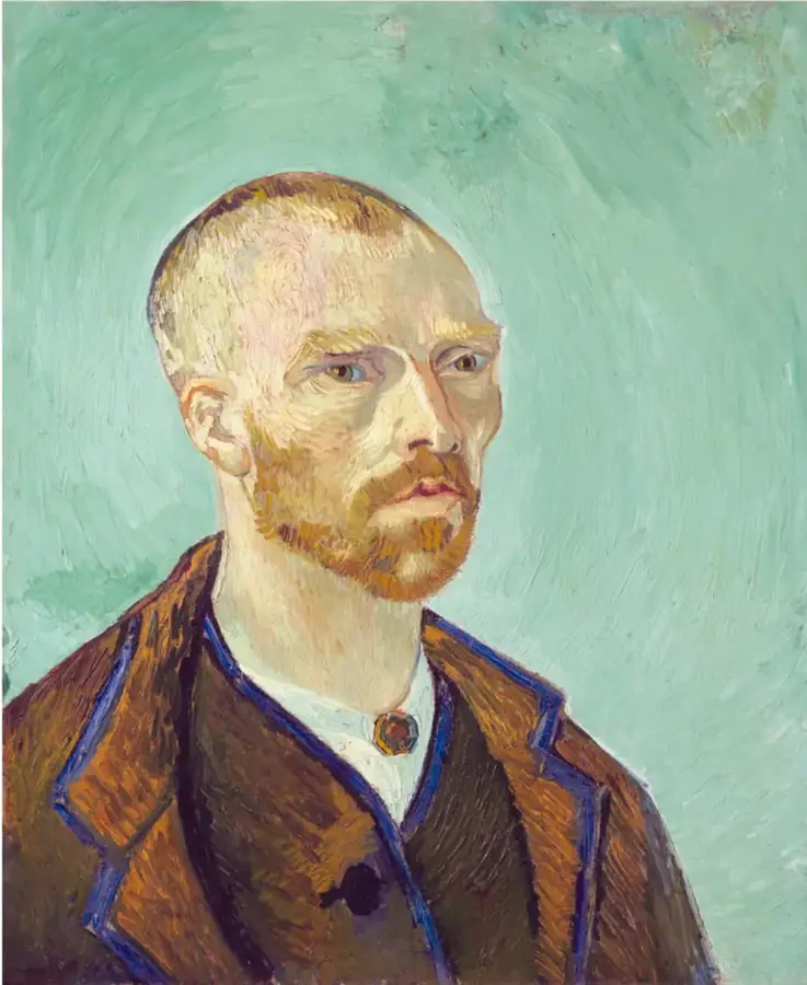 «Autorretrato (dedicado a Paul Gauguin)» (1888): Van Gogh con la cabeza rapada, barba pelirroja, mirada intensa, chaqueta cafés con ribetes azules y camisa blanca con un alfiler, sobre fondo verde con pinceladas curvas.