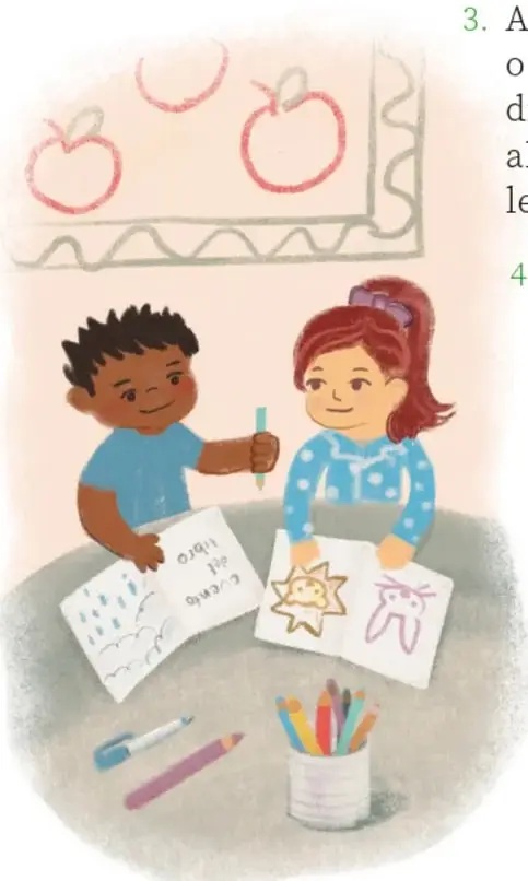 Ilustración de dos niños (un niño y una niña) sentados en un escritorio dibujando en sus cuadernos; hay colores, un pincel y un frasco sobre la mesa, y al fondo un mantel con manzanas rojas.