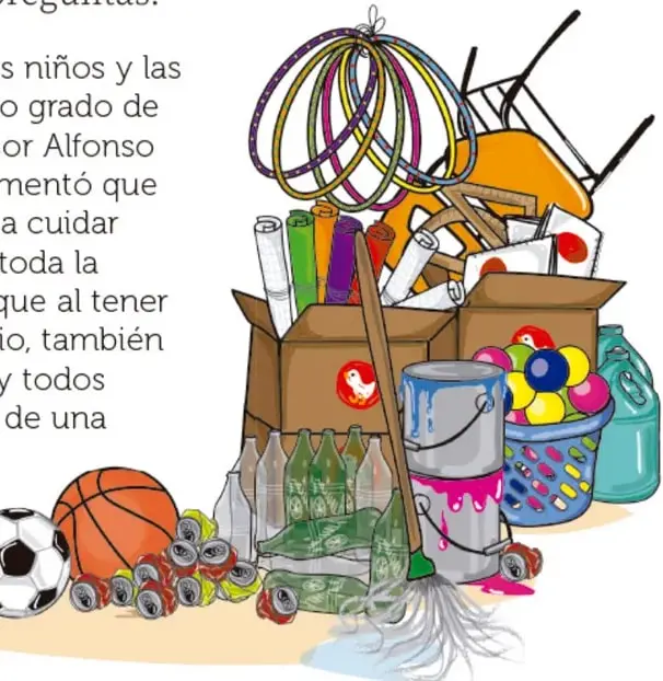 Ilustración de materiales escolares y de limpieza: pelotas (fútbol, básquetbol), aros, cajas con cartuchos de papel, botellas plásticas, cubetas de pintura y balde, escobas y trapos, símbolos de reciclaje.
