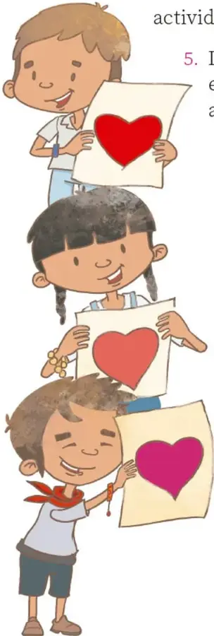Tres niños sosteniendo hojas con corazones dibujados (rojo, rosa y magenta), representando las obras de la empatía; crédito: Maya Selene García López, CDMX.
